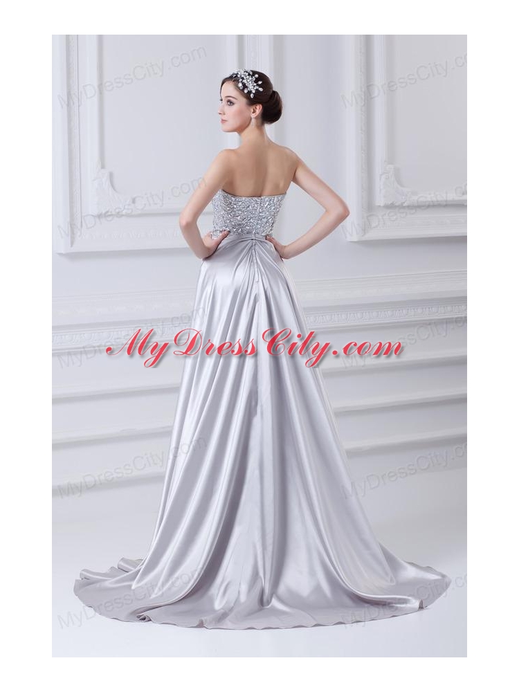 Silver A-line Sweetheart Taffeta Beading Brush Train Prom Dress