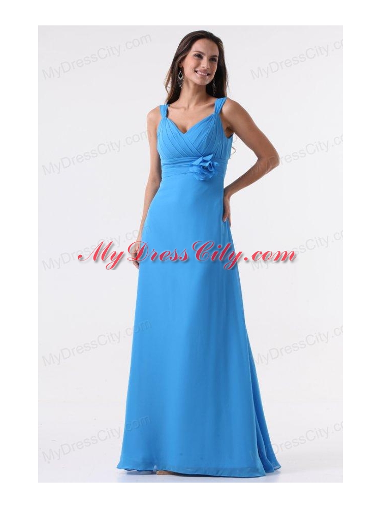 Simple Blue Straps Ruching Hand Made Flower Floor-length Chiffon Prom Dress