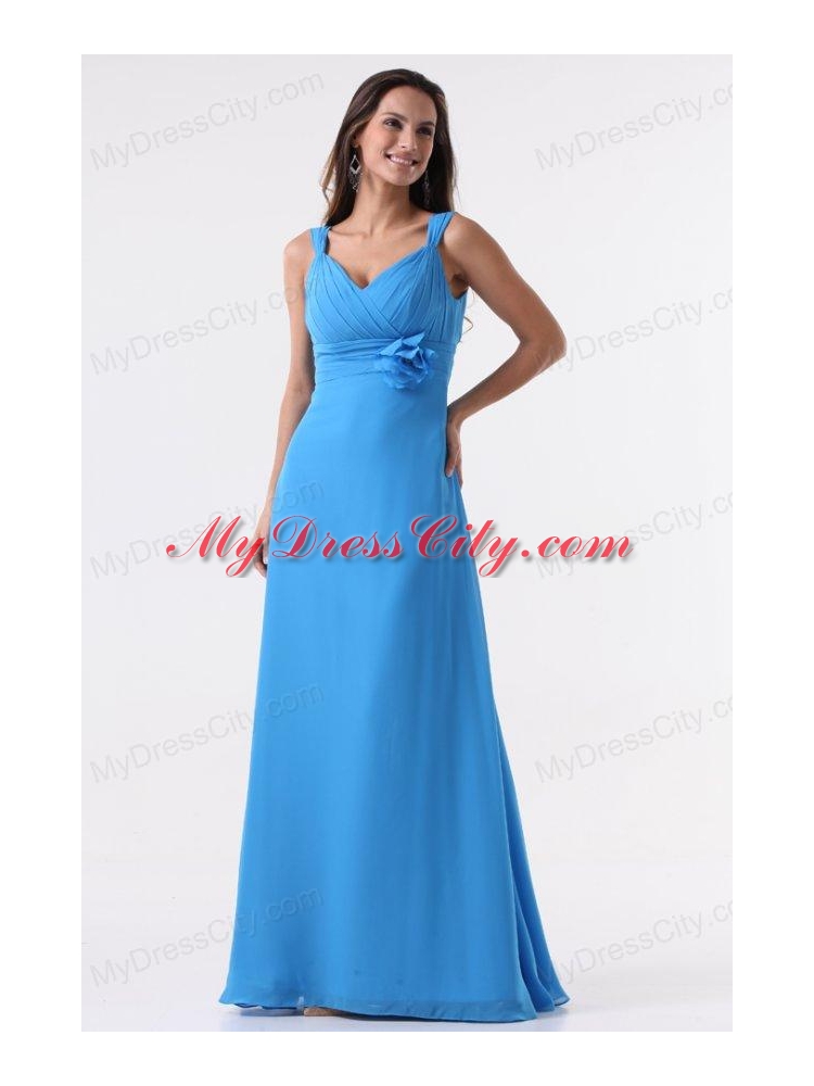 Simple Blue Straps Ruching Hand Made Flower Floor-length Chiffon Prom Dress