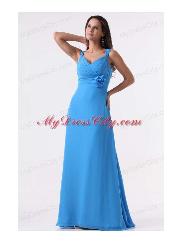 Simple Blue Straps Ruching Hand Made Flower Floor-length Chiffon Prom Dress