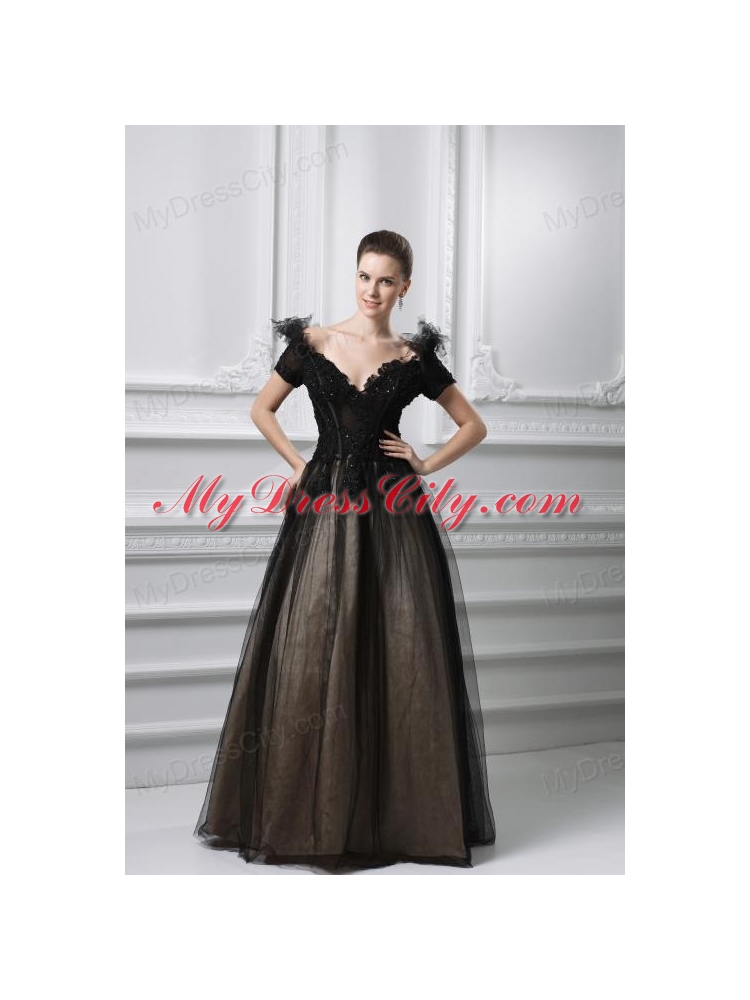 2014 New A-line Appliques V-neck Tulle Black Prom Dress