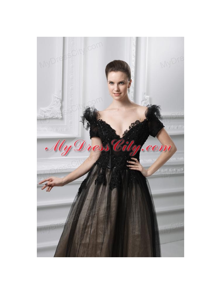 2014 New A-line Appliques V-neck Tulle Black Prom Dress