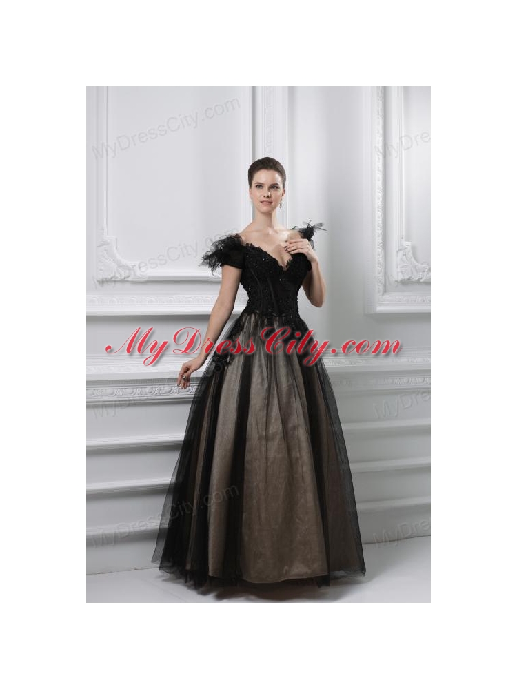 2014 New A-line Appliques V-neck Tulle Black Prom Dress