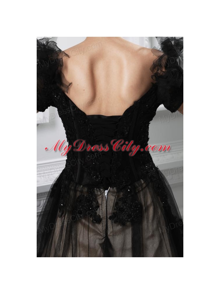 2014 New A-line Appliques V-neck Tulle Black Prom Dress