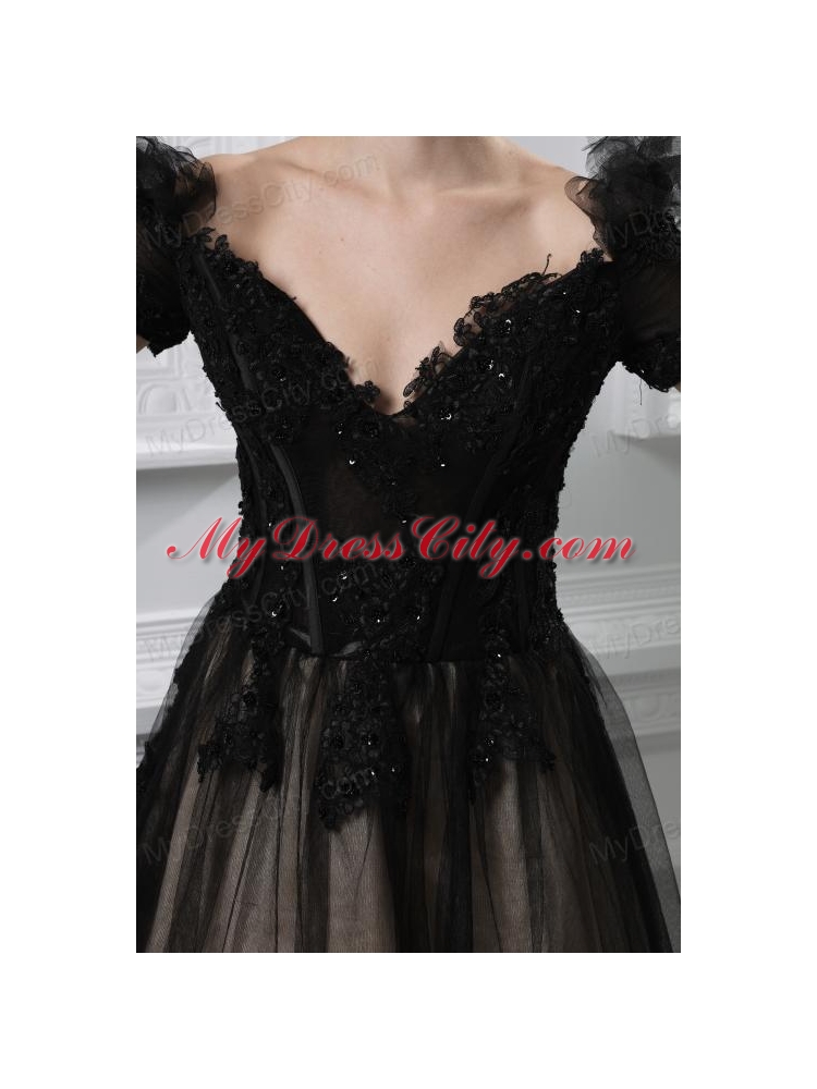 2014 New A-line Appliques V-neck Tulle Black Prom Dress