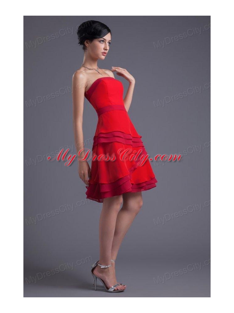 A-line Red Strapless Mini-length Chiffon Ruching Prom Dress