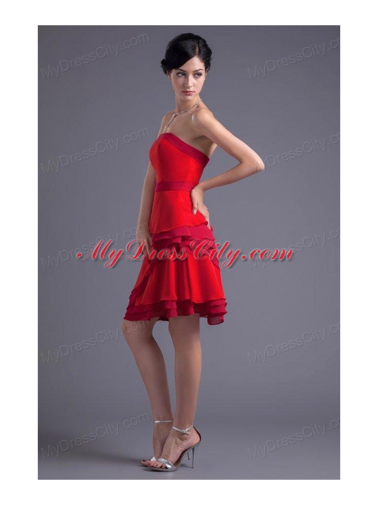 A-line Red Strapless Mini-length Chiffon Ruching Prom Dress