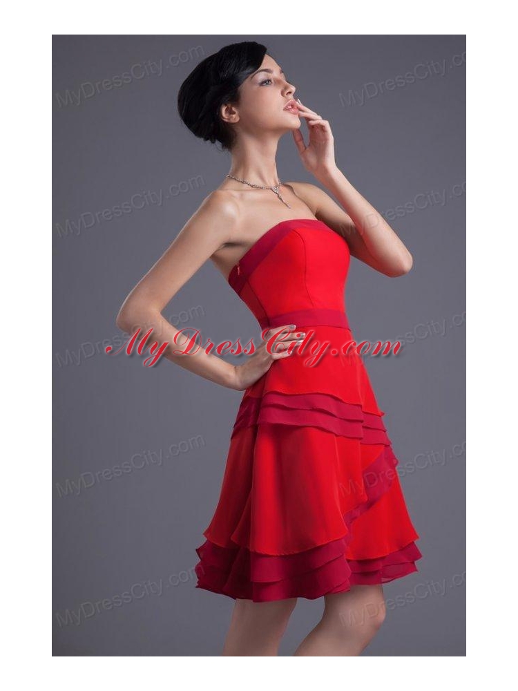 A-line Red Strapless Mini-length Chiffon Ruching Prom Dress