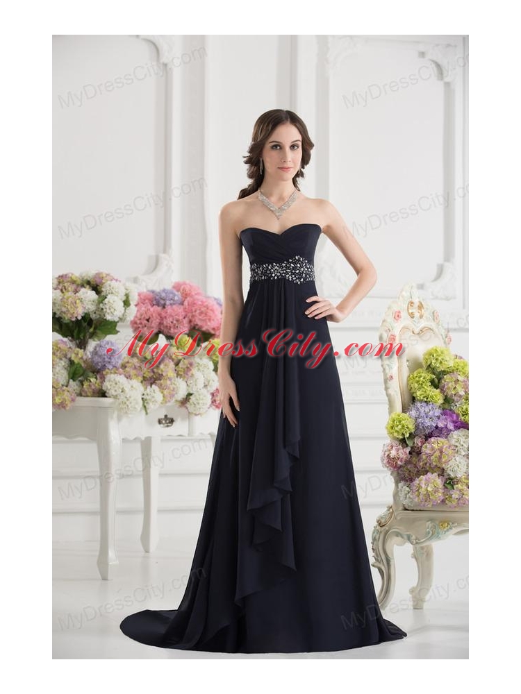 A-line Sweetheart Chiffon Beading Ruching Black Prom Dress