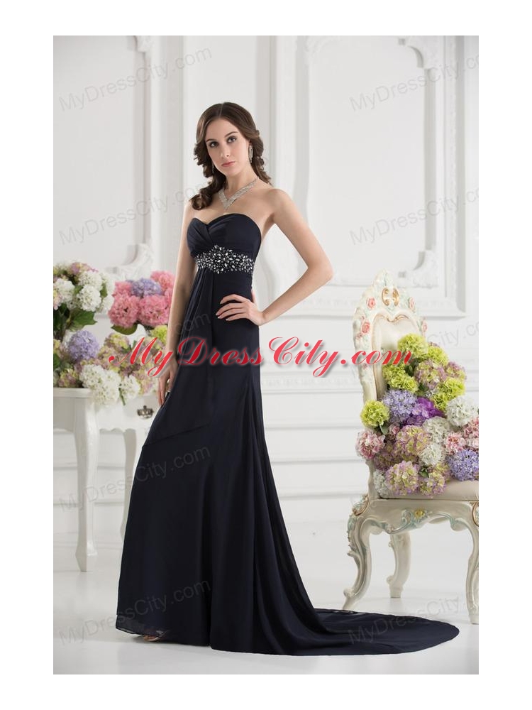 A-line Sweetheart Chiffon Beading Ruching Black Prom Dress