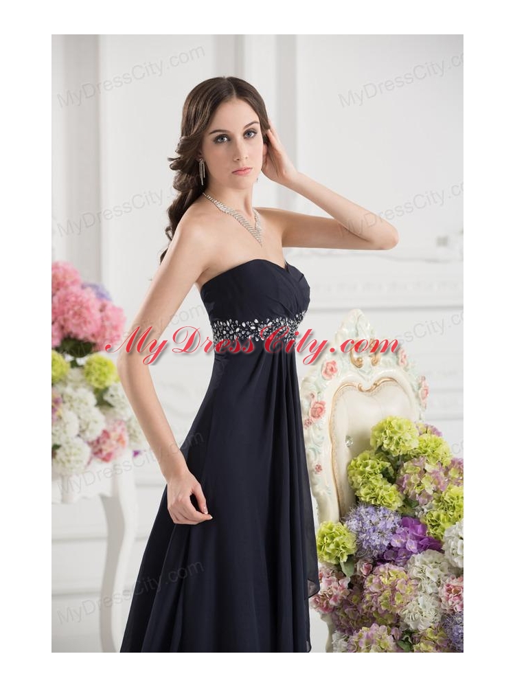 A-line Sweetheart Chiffon Beading Ruching Black Prom Dress