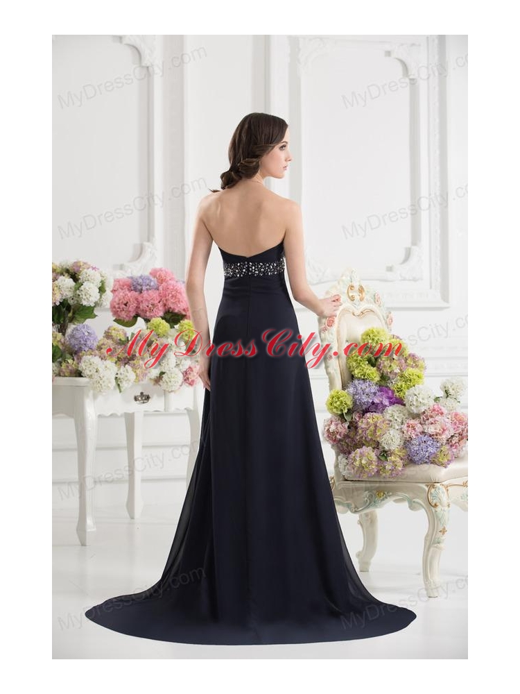 A-line Sweetheart Chiffon Beading Ruching Black Prom Dress