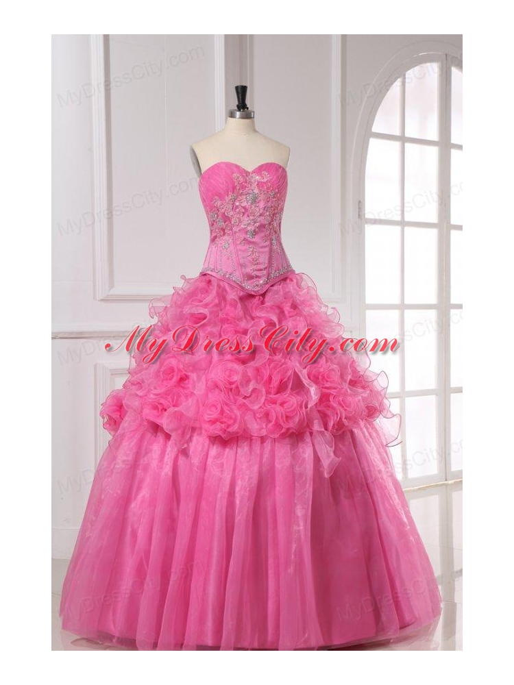 Appliques and Rolling Flowers Organza Rose Pink Quinceanera Dress