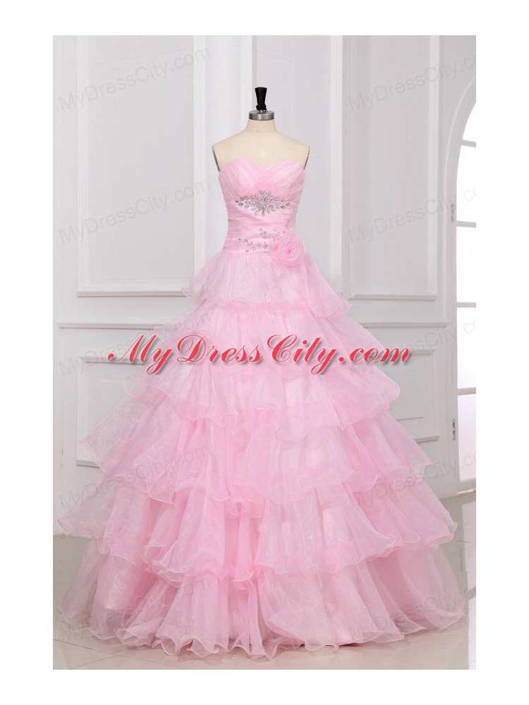 Baby Pink Sweetheart Quinceanera Dress with Beading and Ruffles Layered