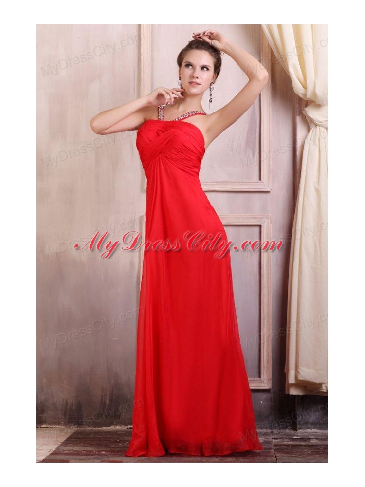 Beaded Decorate Straps Chiffon Long Red Prom Dress with Ruche