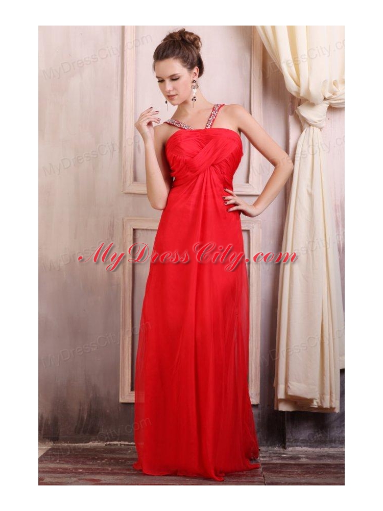 Beaded Decorate Straps Chiffon Long Red Prom Dress with Ruche