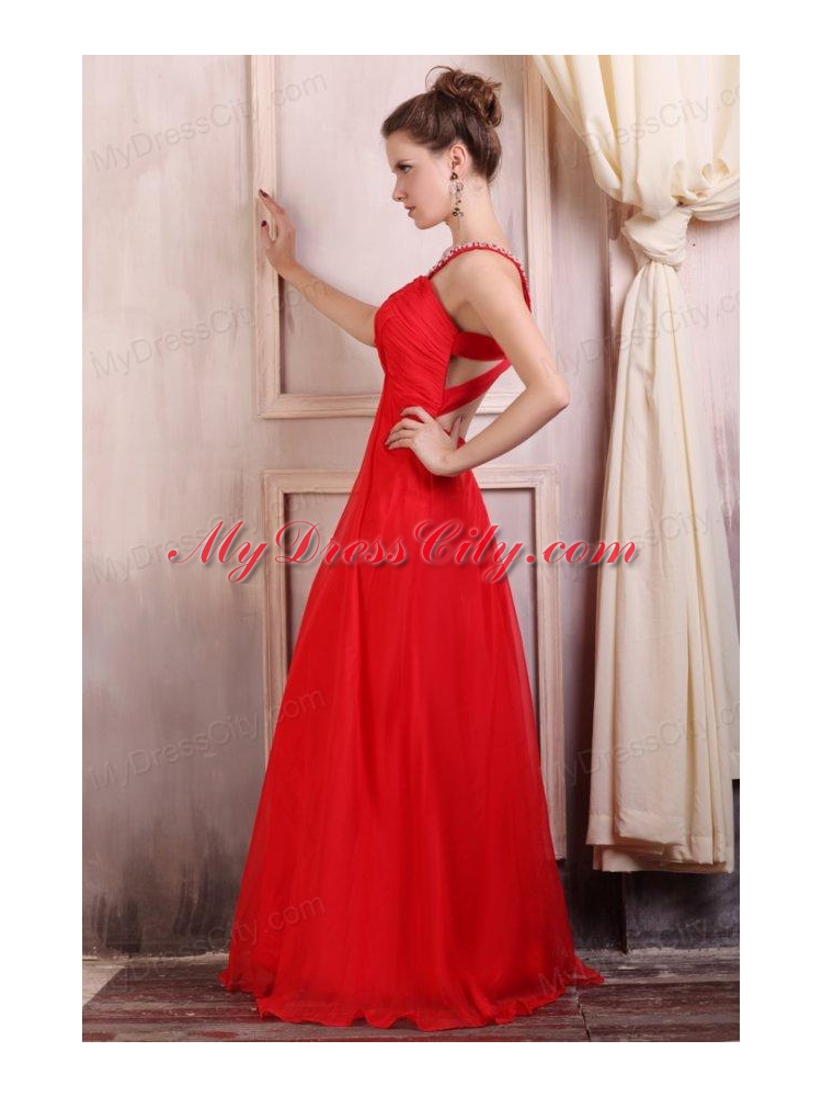 Beaded Decorate Straps Chiffon Long Red Prom Dress with Ruche