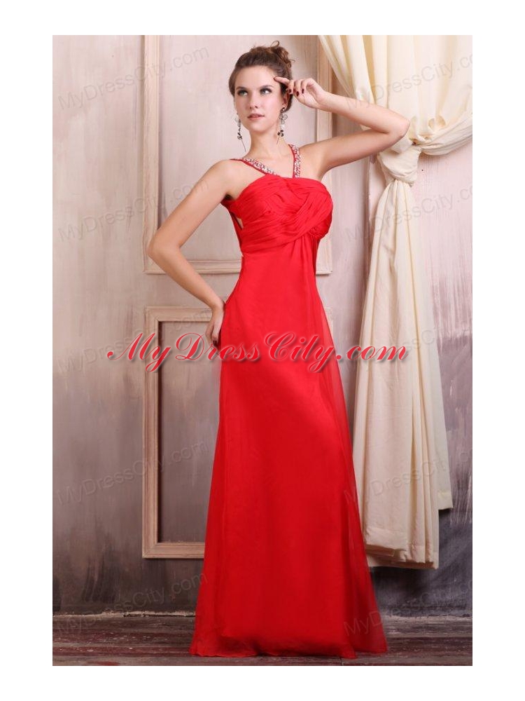 Beaded Decorate Straps Chiffon Long Red Prom Dress with Ruche