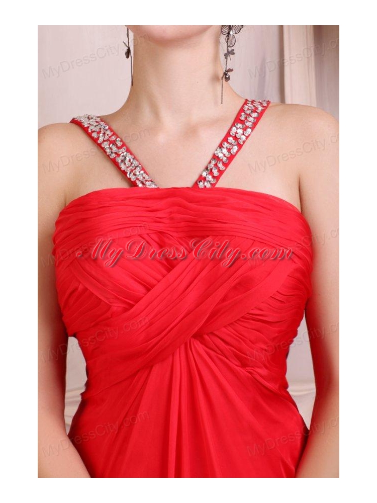 Beaded Decorate Straps Chiffon Long Red Prom Dress with Ruche