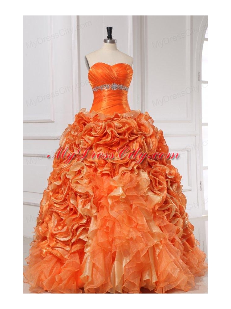 Beading and Rolling Flowers Sweetheart Quinceanera Dress in Orange