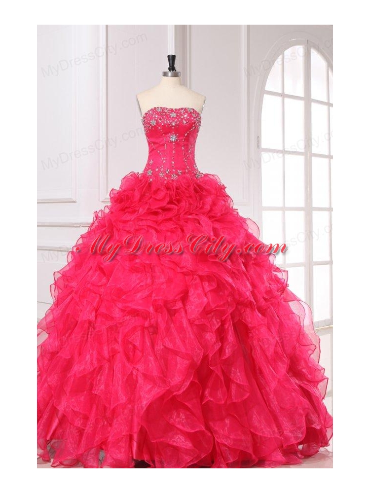 Beading and Ruffles Strapless Organza Quinceanera Dress in Coral Red