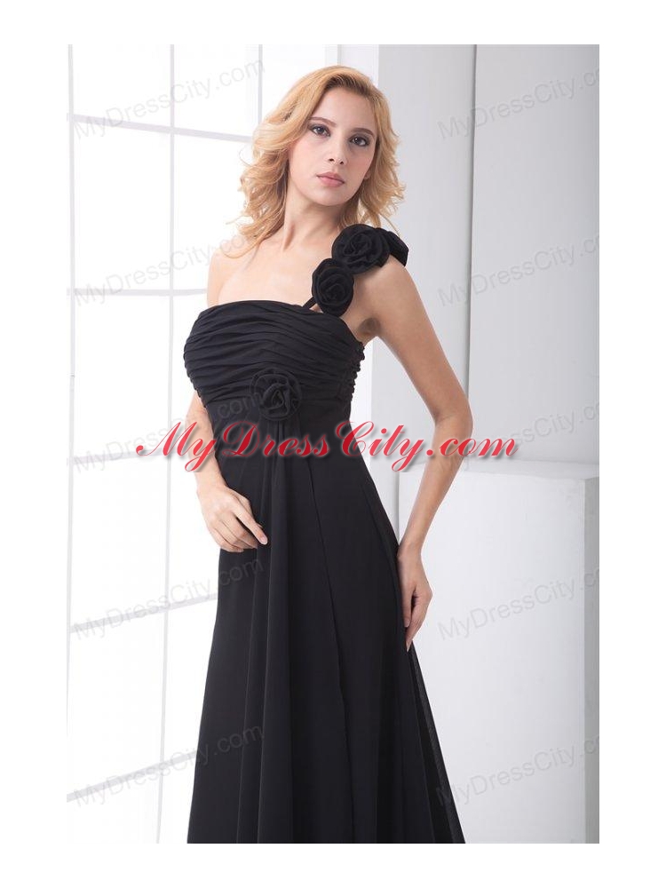 Black Empire One Shoulder Floor-length Hand Made Flowers Chiffon Prom Dress