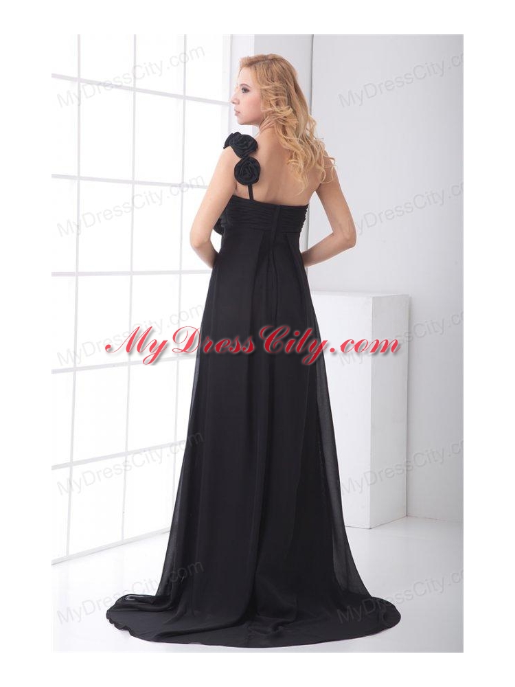 Black Empire One Shoulder Floor-length Hand Made Flowers Chiffon Prom Dress