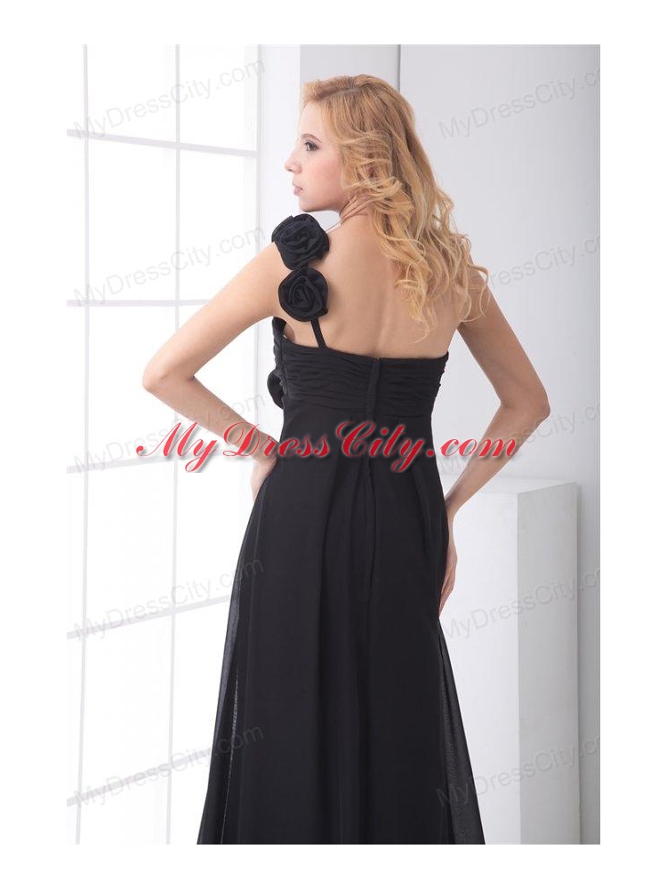 Black Empire One Shoulder Floor-length Hand Made Flowers Chiffon Prom Dress