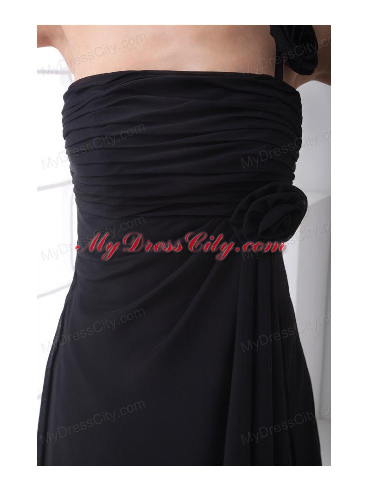 Black Empire One Shoulder Floor-length Hand Made Flowers Chiffon Prom Dress