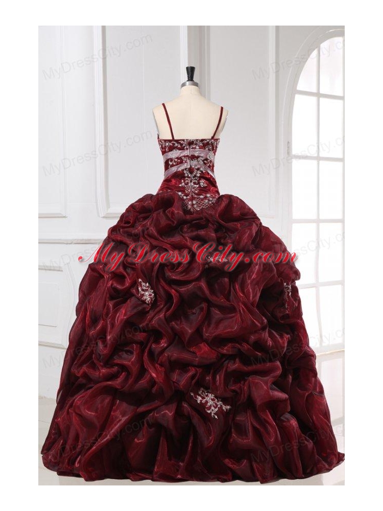 Burgundy Spaghetti Straps Appliques and Pick-ups Long Quinceanera Dress