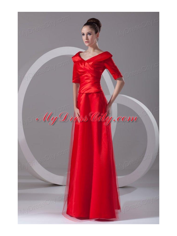 Cheap Column V-neck Red Taffeta Half Sleeves Red Ruching Prom Dress