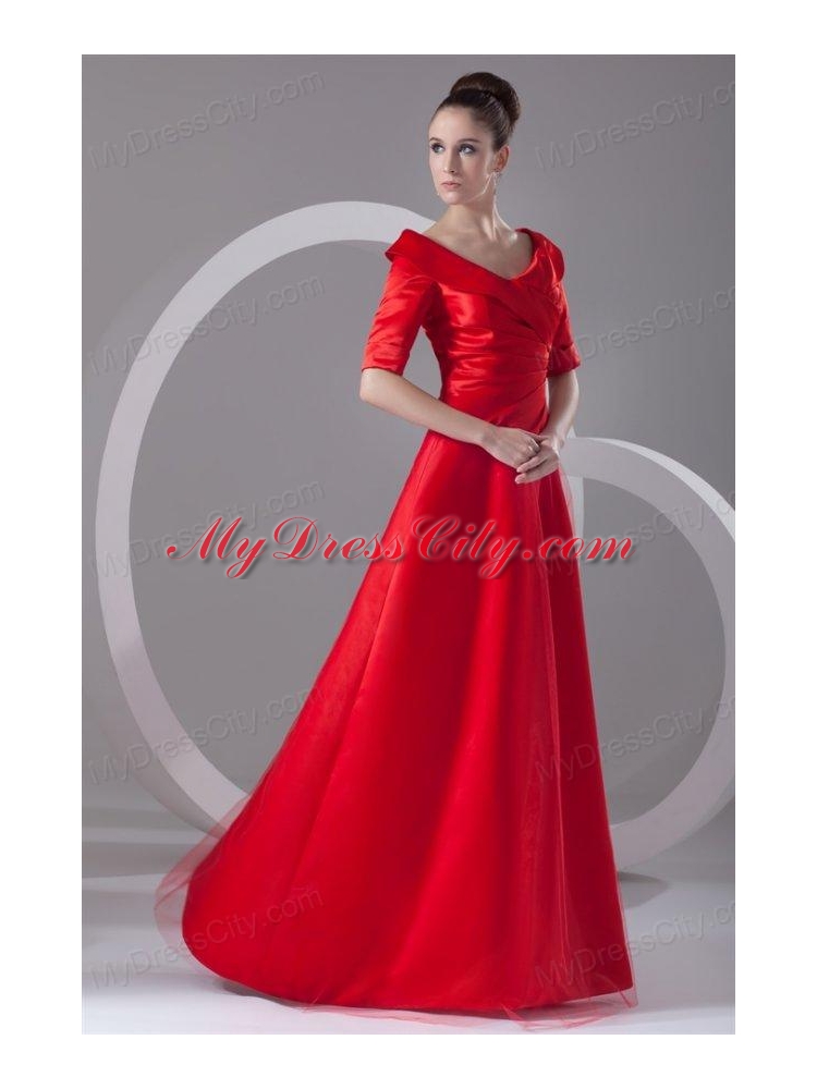 Cheap Column V-neck Red Taffeta Half Sleeves Red Ruching Prom Dress