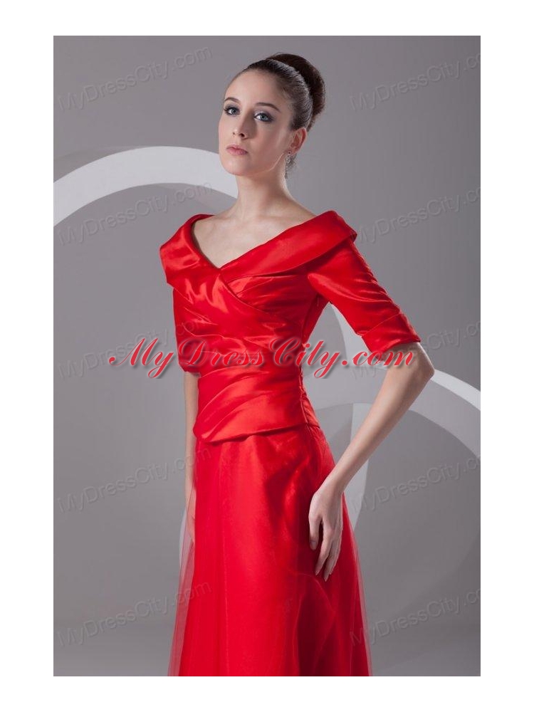 Cheap Column V-neck Red Taffeta Half Sleeves Red Ruching Prom Dress