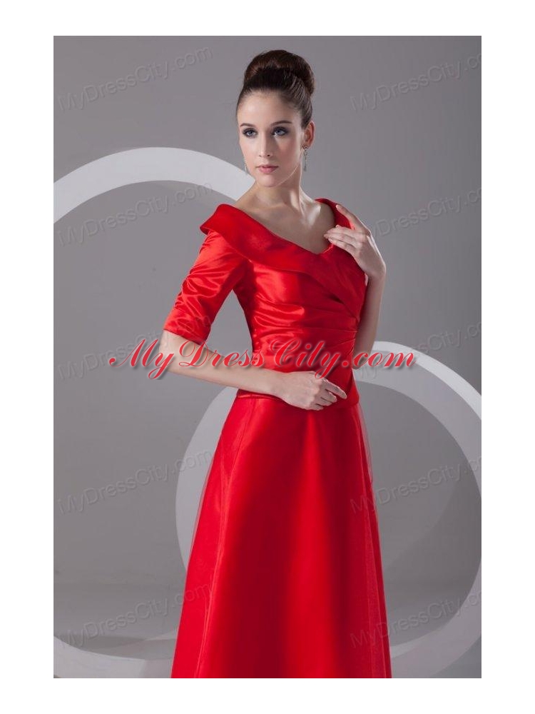 Cheap Column V-neck Red Taffeta Half Sleeves Red Ruching Prom Dress