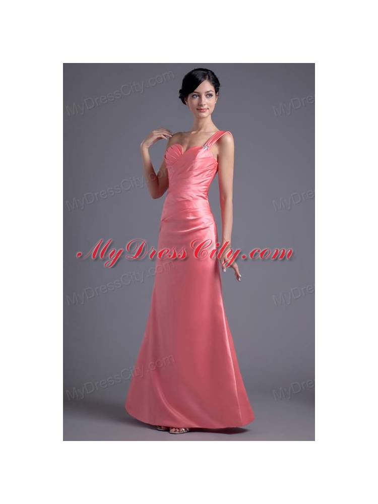 Column One Shoulder Ruching Satin Watermelon Red Prom Dress