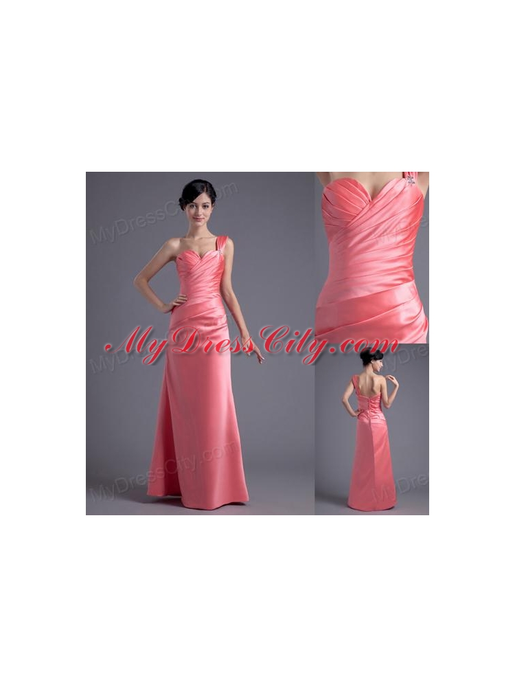 Column One Shoulder Ruching Satin Watermelon Red Prom Dress