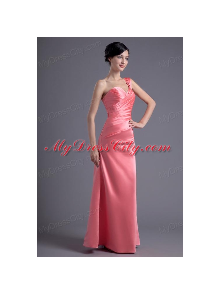 Column One Shoulder Ruching Satin Watermelon Red Prom Dress