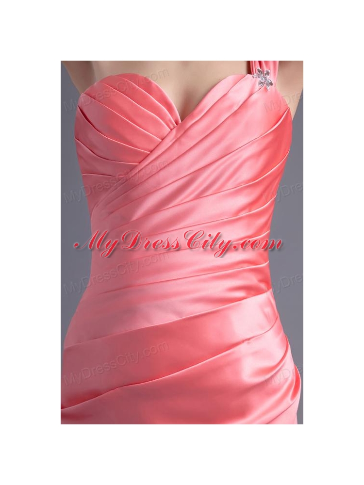 Column One Shoulder Ruching Satin Watermelon Red Prom Dress