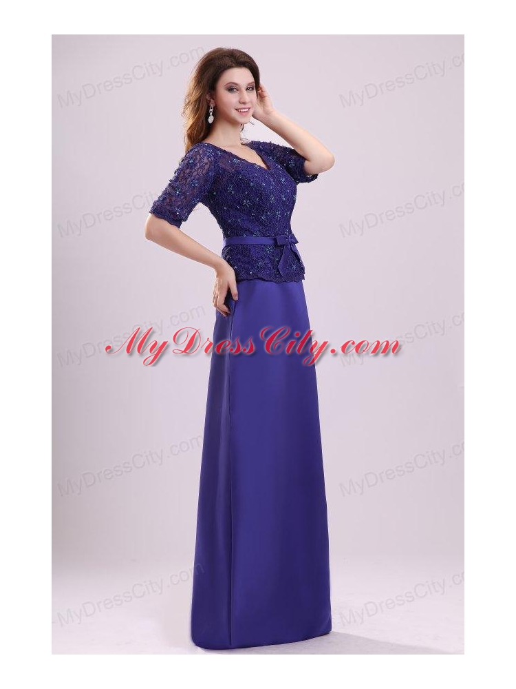 Column V-neck Lace Sash Purple Half Sleeves Satin Long Prom Dress