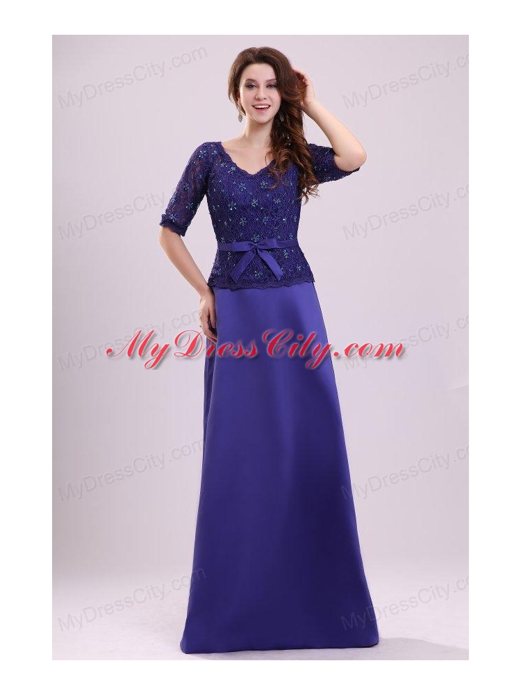 Column V-neck Lace Sash Purple Half Sleeves Satin Long Prom Dress