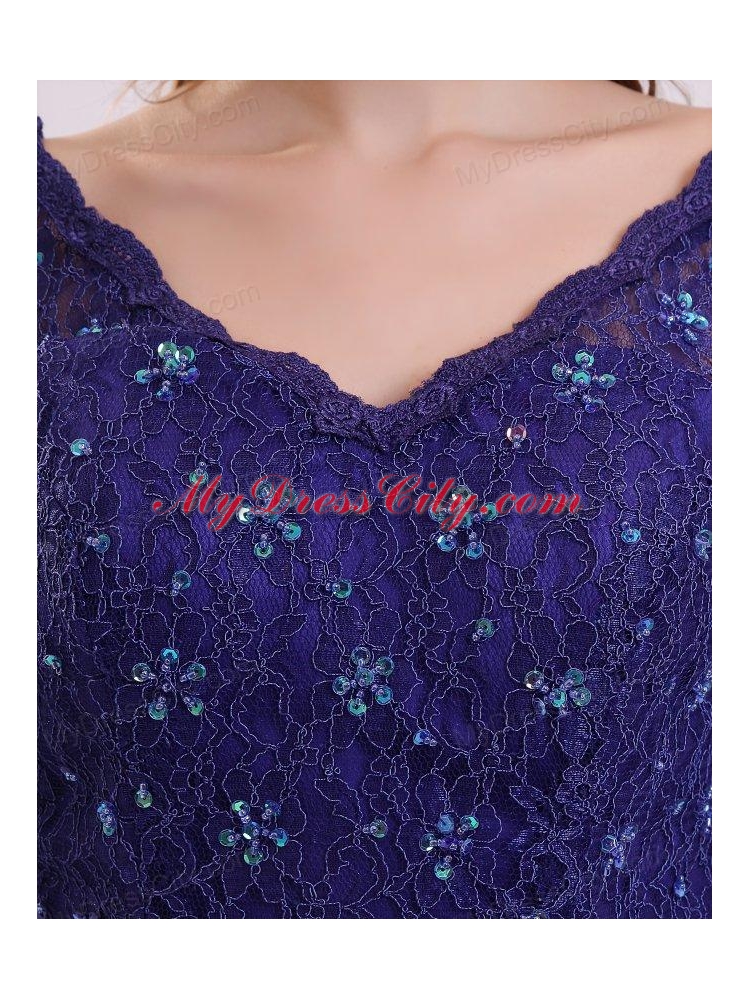 Column V-neck Lace Sash Purple Half Sleeves Satin Long Prom Dress