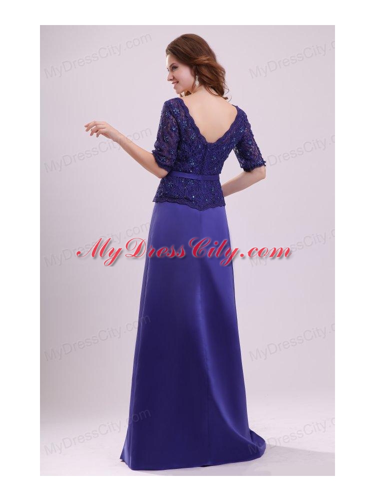 Column V-neck Lace Sash Purple Half Sleeves Satin Long Prom Dress