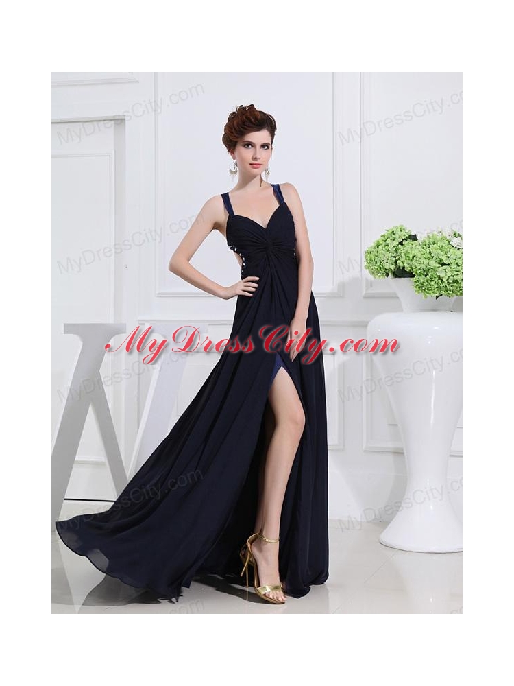 Empire Floor-length Straps Ruching Navy Blue Prom Dress