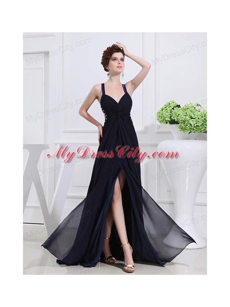 Empire Floor-length Straps Ruching Navy Blue Prom Dress