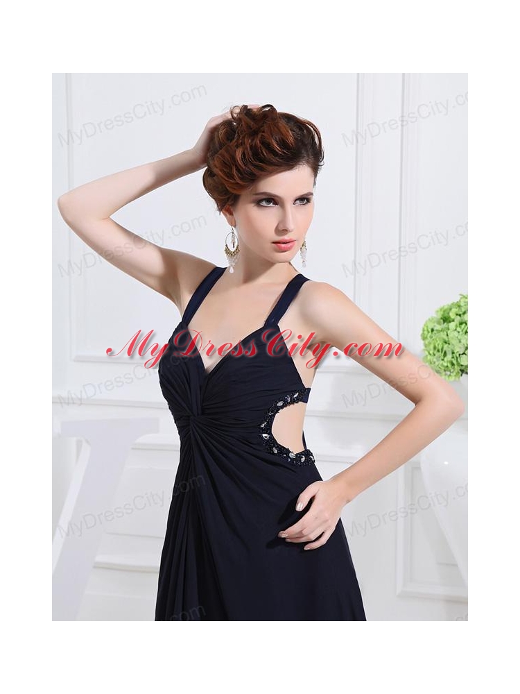 Empire Floor-length Straps Ruching Navy Blue Prom Dress