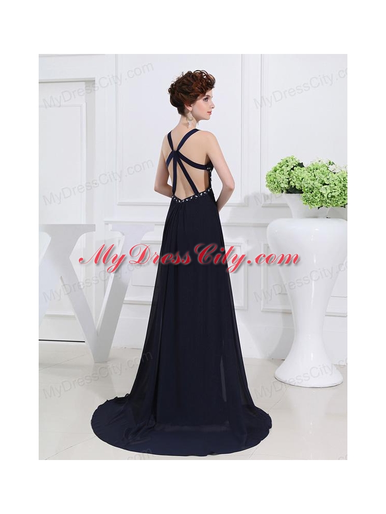 Empire Floor-length Straps Ruching Navy Blue Prom Dress