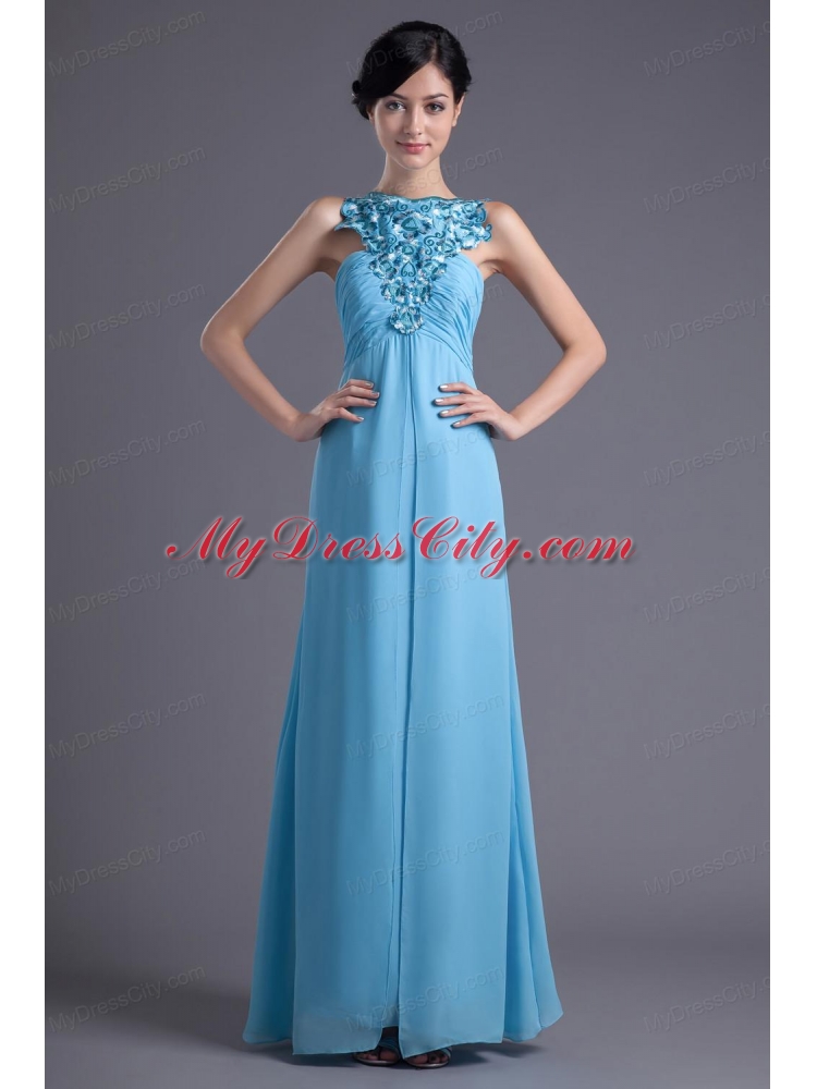 Empire Halter Top Floor-length Beading Aqua blue Prom Dress