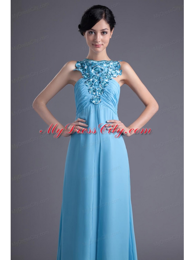 Empire Halter Top Floor-length Beading Aqua blue Prom Dress