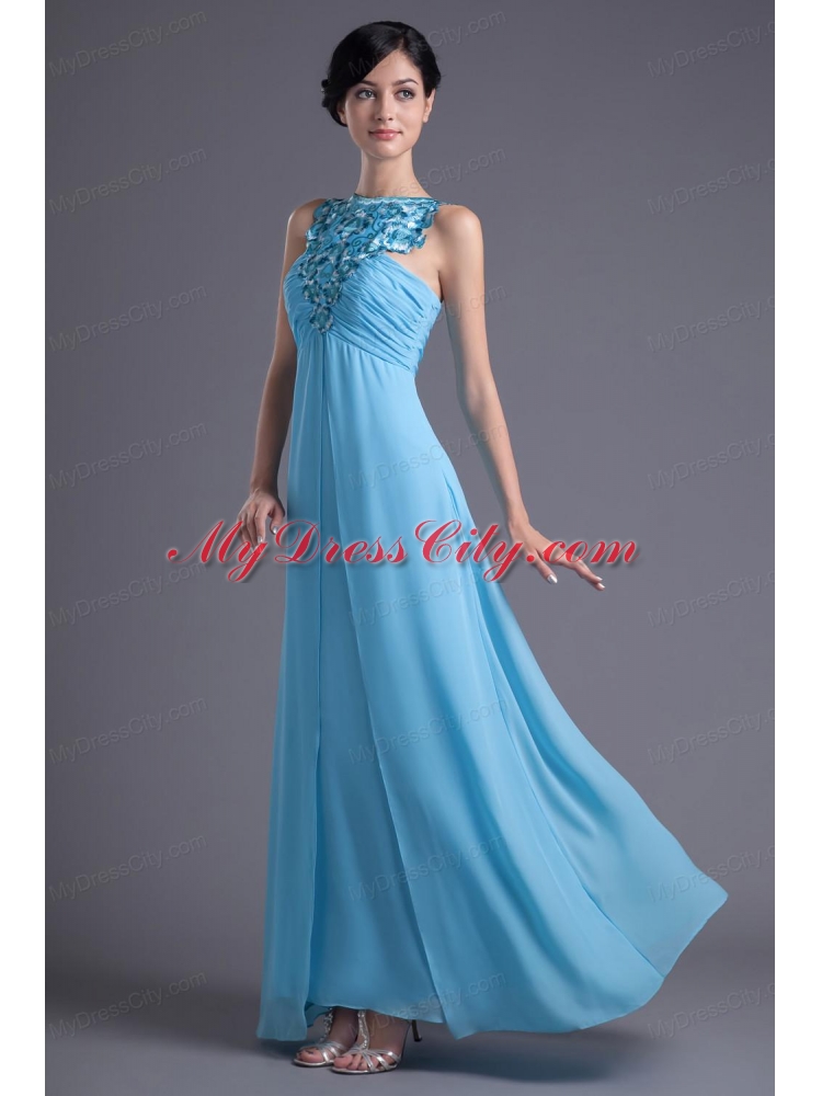 Empire Halter Top Floor-length Beading Aqua blue Prom Dress