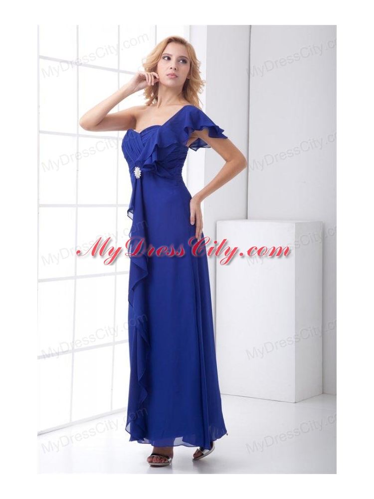 Empire One Shoulder Ankle-length Chiffon Blue Ruching Prom Dress